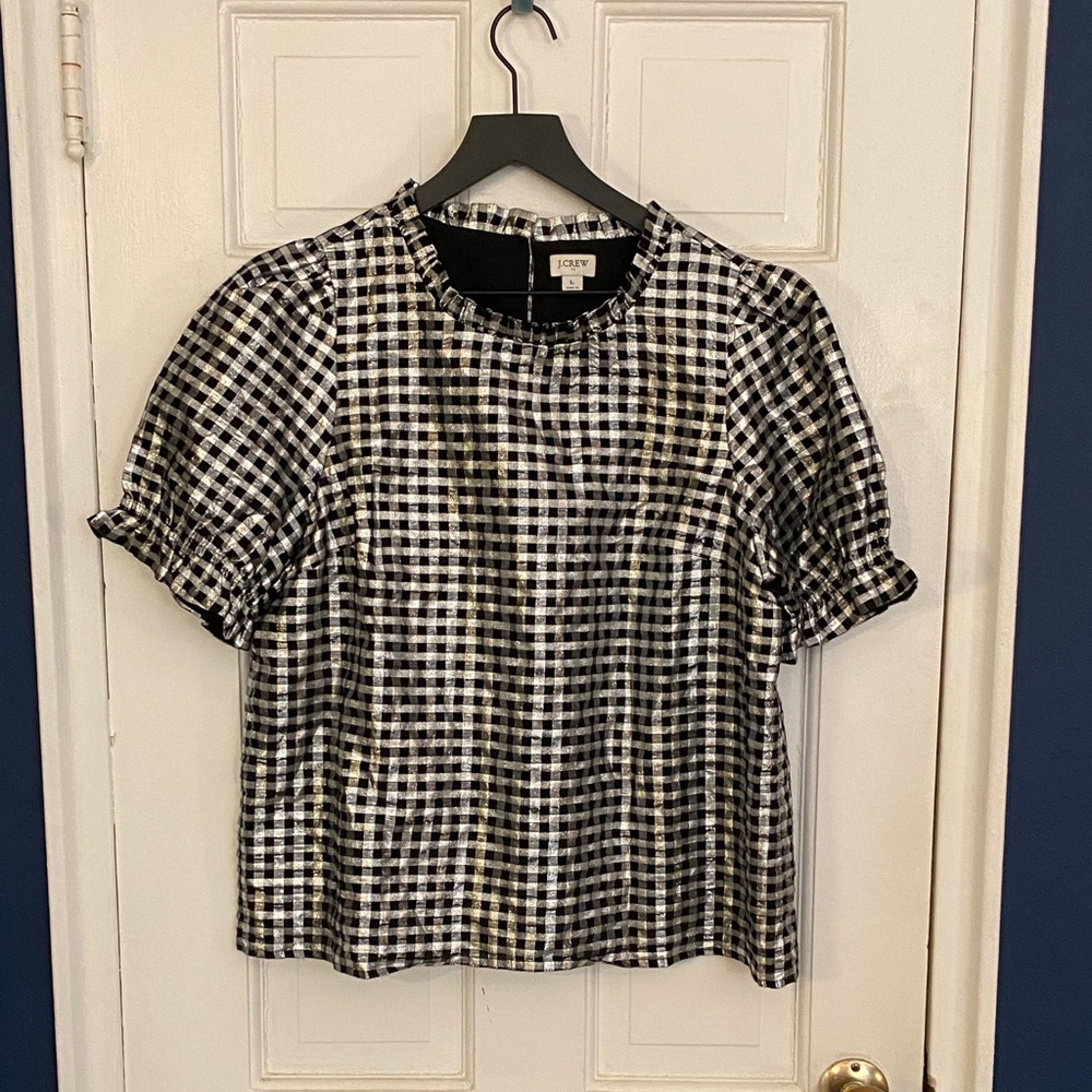 J. Crew Factory Black and silver Checkered Gingham Blouse
